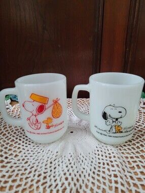 Vintage Snoopy Milk Glass Mugs - White Milk Glass with Snoopy - Fire King